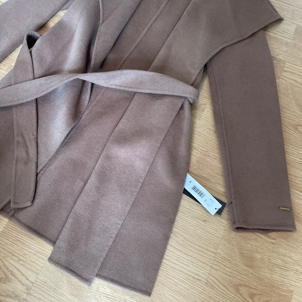 NWT Tahari Light Brown Wool Blend Wrap Coat With Pockets Size Medium - Picture 2 of 7